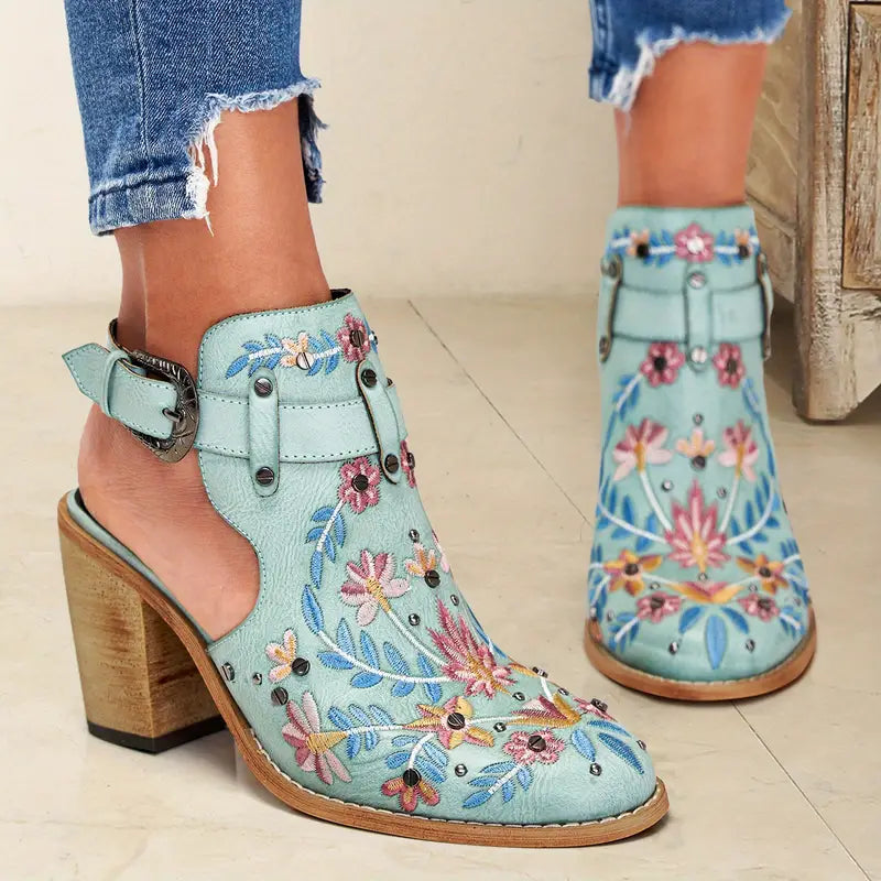 Floral Embroidered Chunky Heels